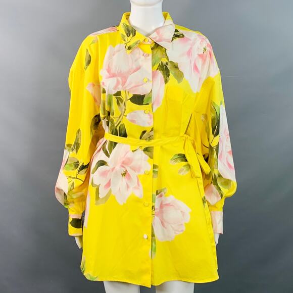 Size M Yellow Multi Color Cotton Silk Floral Belted Oversized Shirt Dress